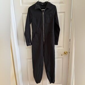 Olivaceous black denim jumpsuit